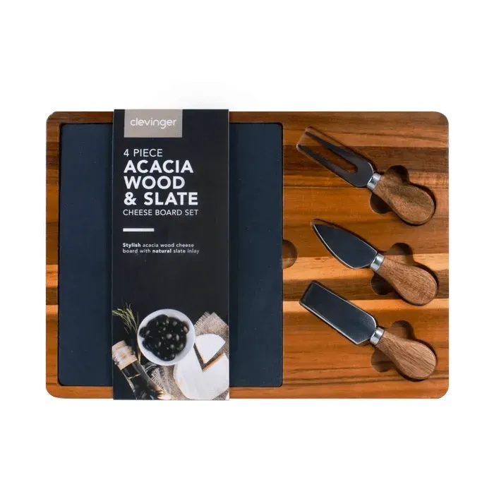 4pc Clevinger Acacia Wood & Slate Cheese Board With Knife Set