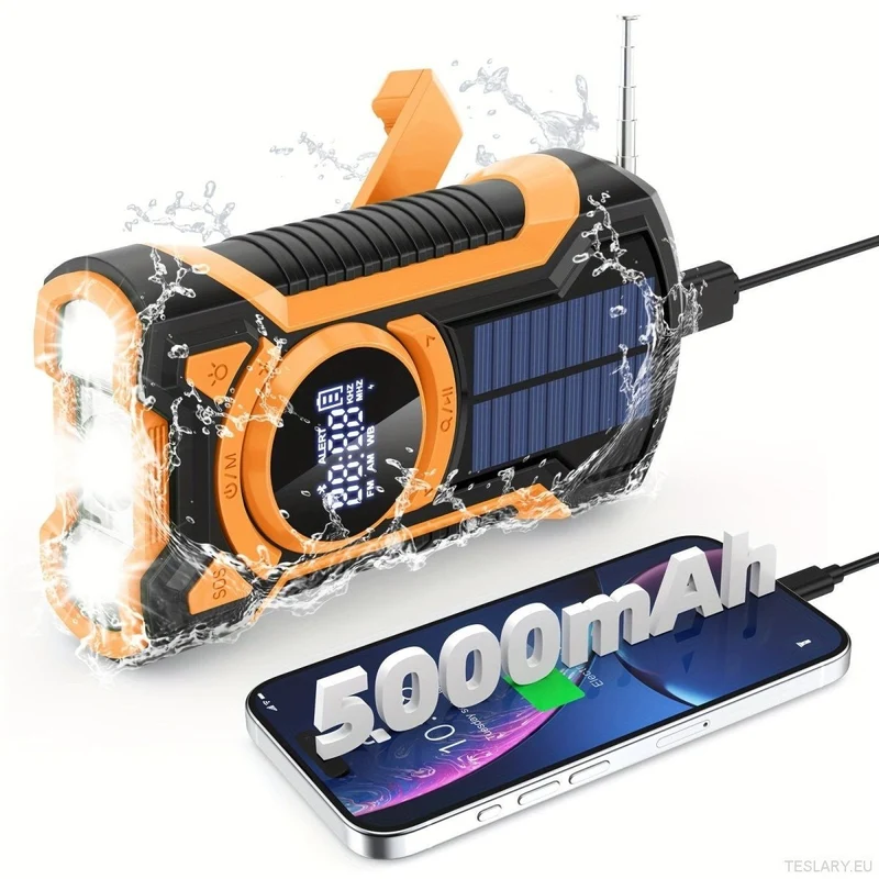Multifunktionell TESLA och andra elbilsnödradio handvevgenerator ficklampa med SOS FM/AM/WB/BT 5000mAh