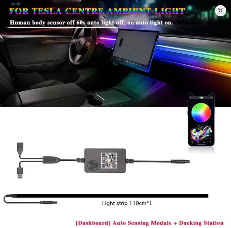 Tesla Model 3 / Y LED-stämningsbelysning för instrumentbräda och trådlös laddningsplatta