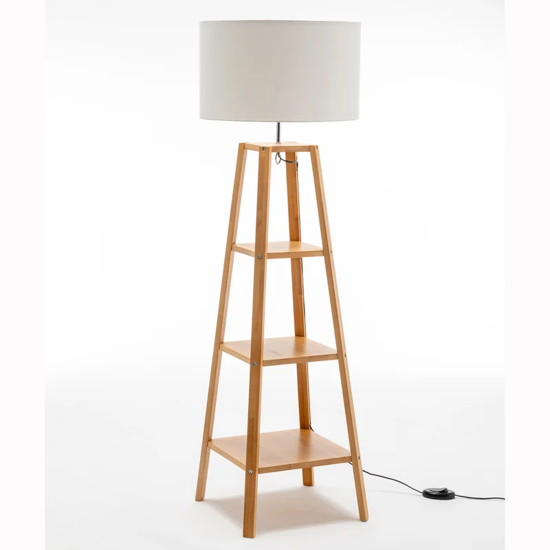Eiffel 3 Tier Natural Wood Floor Lamp w/ Storage Shelves + Off White