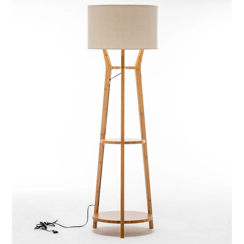 168cm Large Bamboo Wooden Tripod Floor Lamp Light Linen Shade w Shelves