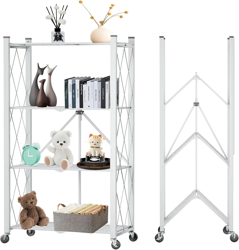White CARLA HOME 4-Tier Foldable Storage Shelf with Wheels for Kitchen