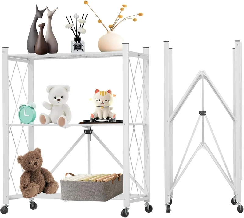 White CARLA HOME 3-Tier Foldable Storage Shelf with Wheels for Kitchen