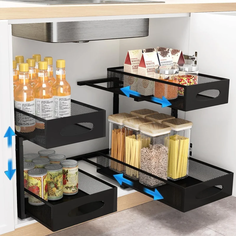 Black CARLA HOME 2 Pack Under Sink Organiser Pull Out Sliding Cabinet