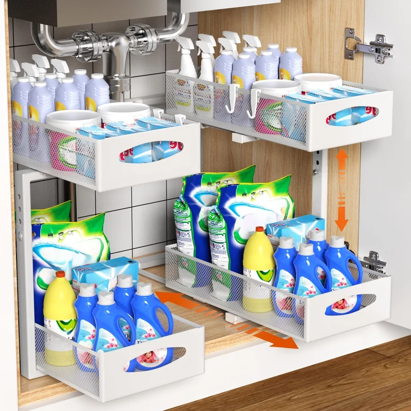 White CARLA HOME 2 Pack Under Sink Organiser Pull Out Sliding Cabinet