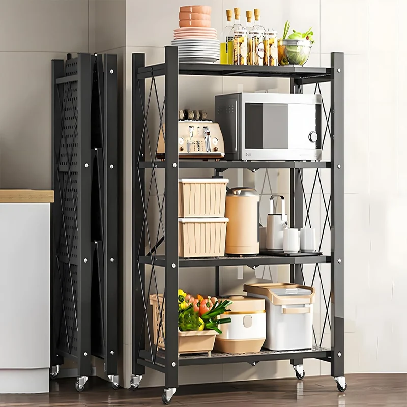 Black CARLA HOME 4-Tier Foldable Storage Shelf with Wheels for Kitchen