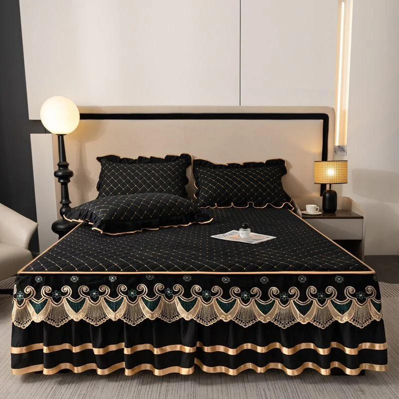 Green & Gold European Soft Brushed Quilted Bed Skirt + 2 Pillowcases Set