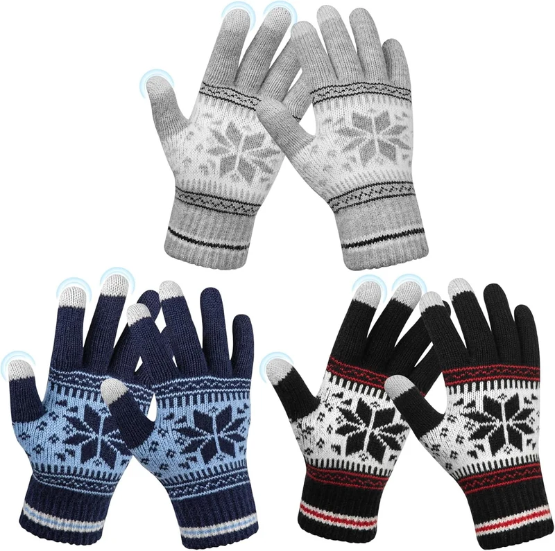Grey Blue White 3-Pair Snowflake Touchscreen Gloves