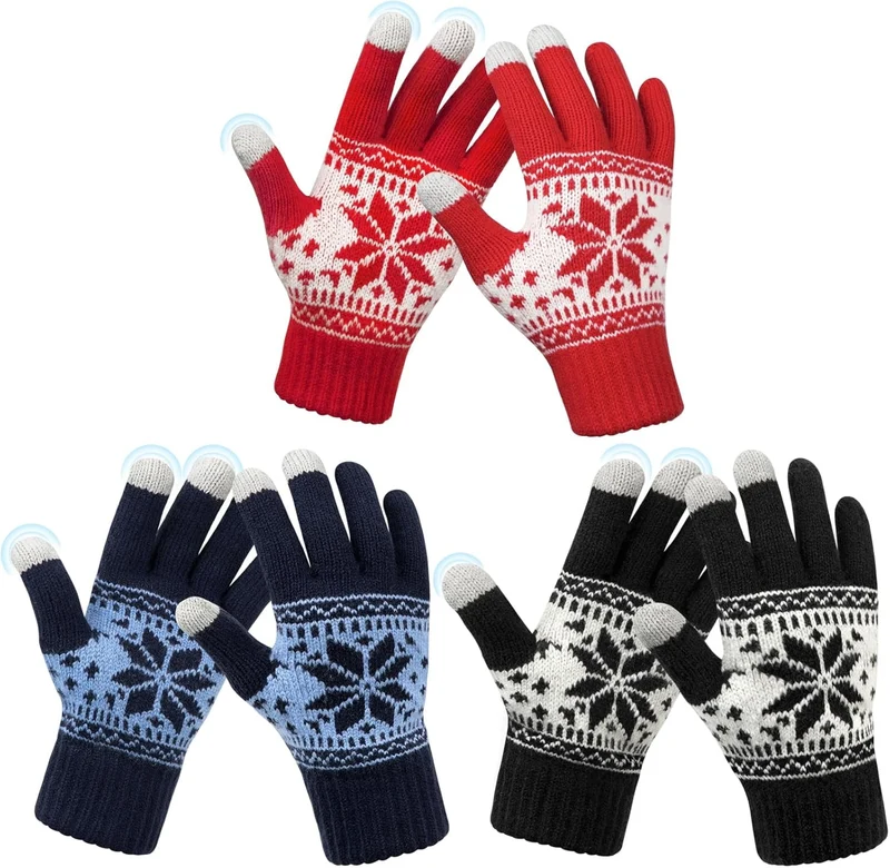 Red Blue White 3-Pair Snowflake Touchscreen Gloves