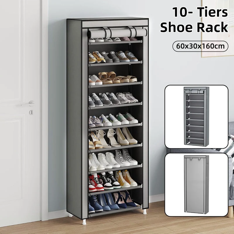 10 Tier Black Shoe Rack Dustproof Organiser Shoe Storage Cabinet