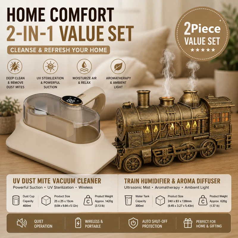 Brass Retro Train Humidifier & UV Mite Vacuum Set