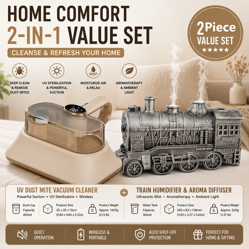 White Silvery Retro Train Humidifier & UV Mite Vacuum Set
