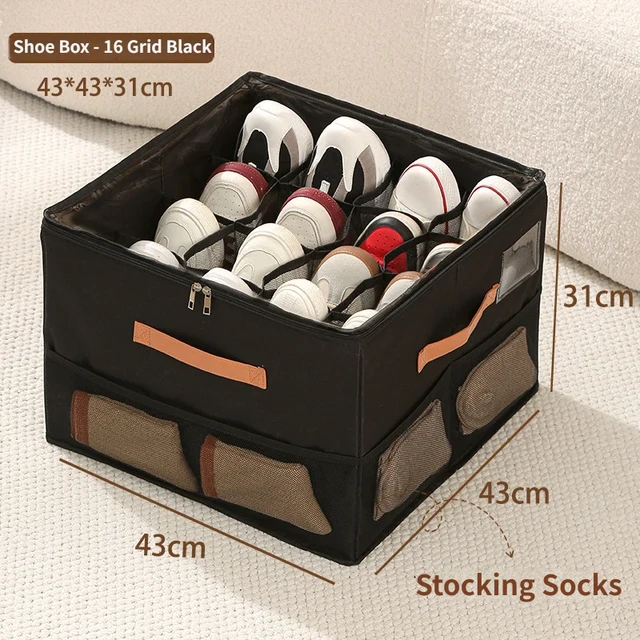 Black Oxford Foldable 16-Grid Shoe Storage Box