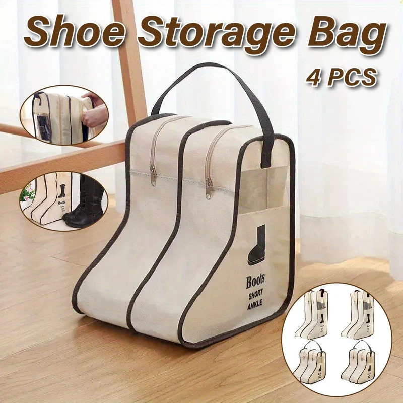 4pc Beige Travel Shoe Bag Home Boot Storage Visual Dustproof Long Short