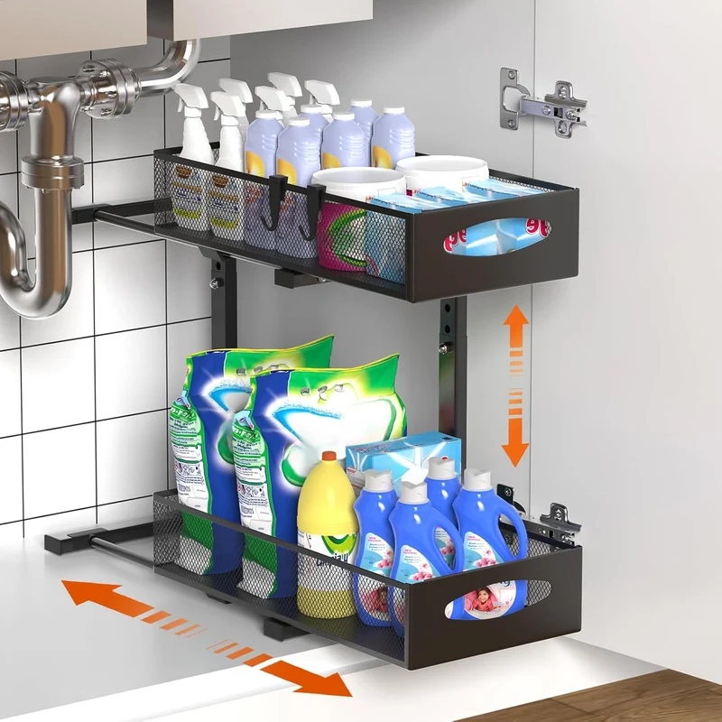 Black CARLA HOME 2 Tier Under Sink Organiser Pull Out Sliding Cabinet