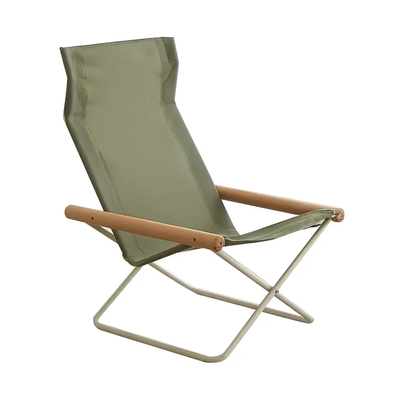 Green Folding Camping Chair with Solid Wood Armrests Carbon Steel Frame