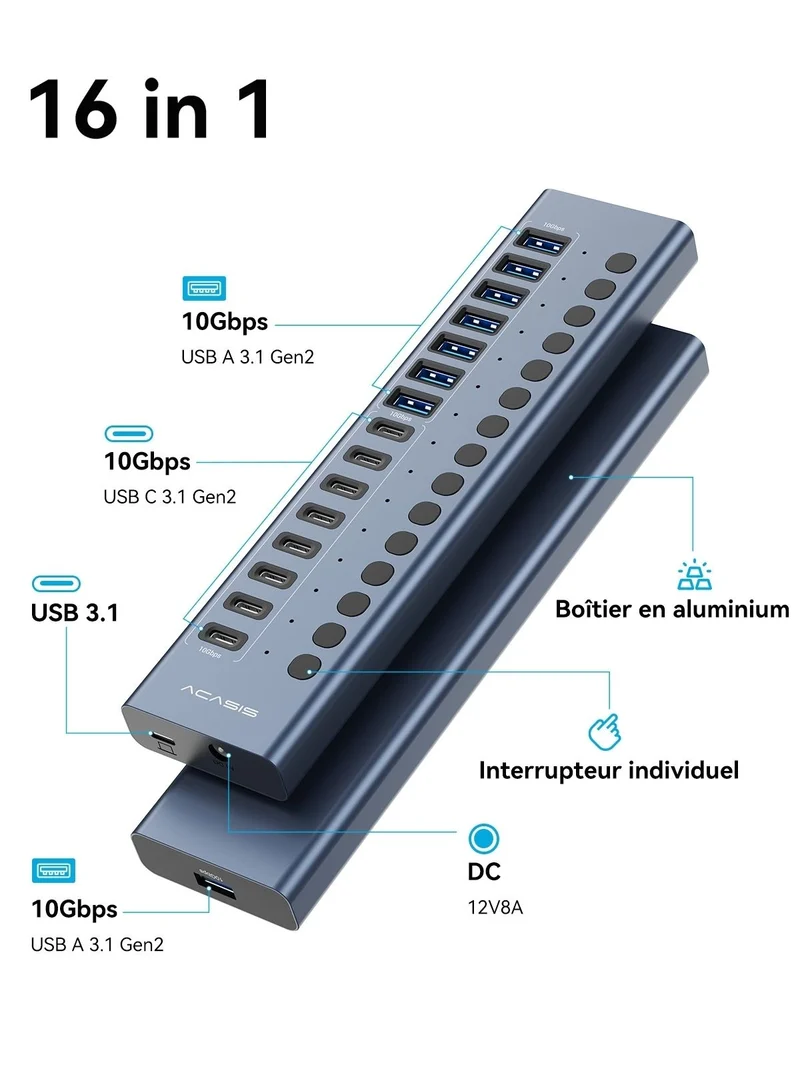 ACASIS HB16PRO 16-Port USB 3.2 10Gbps 12V/8A Powered 8 x USB-A + 8 x