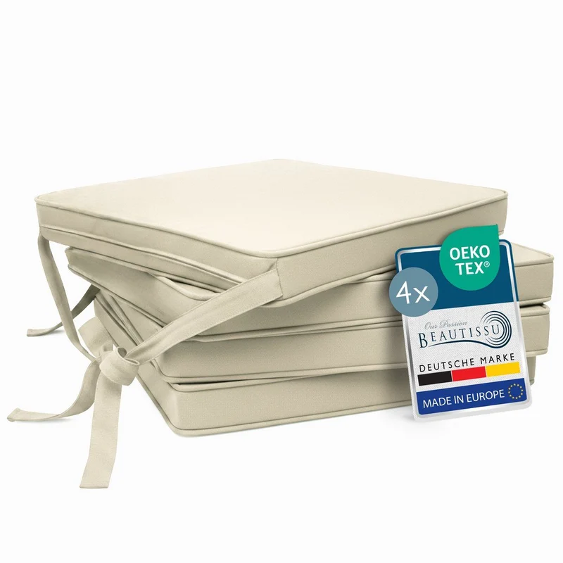 40cm 4-Pack Cream Tie-On Chair Seat Cushions with Removable Covers