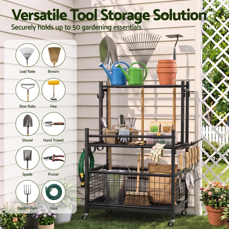 Gardeon Garden Tool Organiser Rack 16 Slots Rolling Garage Storage
