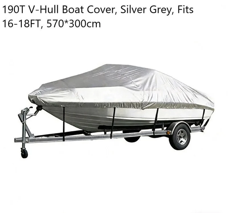 Silver Grey 190T Polyester V-Hull Boat Cover 16-18FT